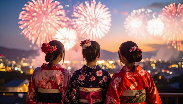 花火大会の浴衣姿の女性3人の後ろ姿C 花火大会の浴衣姿の女性3人の後ろ姿Cの写真