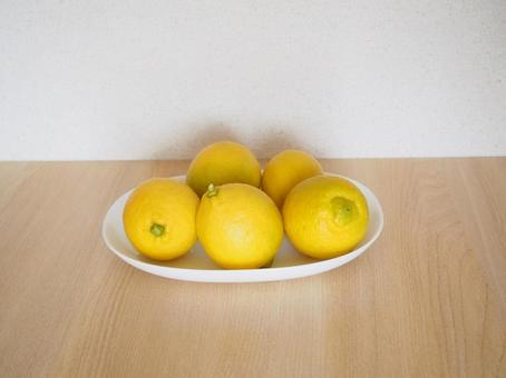 白いお皿にのったレモン レモン,檸檬,果物の写真素材