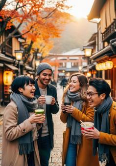 秋の旅先で楽しむ若者たちの写真