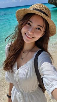 麦わら帽子の海辺セルフィー 麦わら帽子の海辺セルフィーの写真