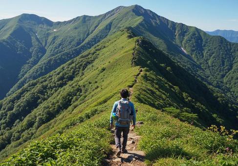 谷川岳の天神尾根を登る登山者 谷川岳の天神尾根を登る登山者の写真