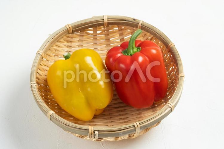 籠にのったパプリカと白のフリースペース パプリカ,野菜,食材の写真素材