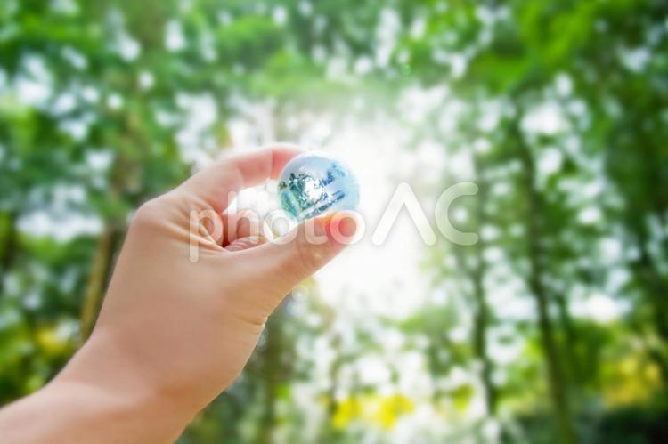 エコイメージー手とガラスの地球儀と日差し 手,人物,地球の写真素材