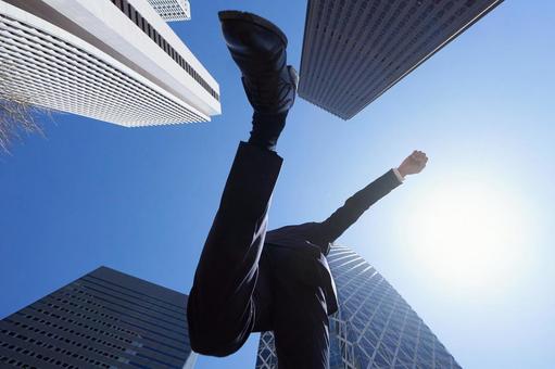 Japanese male businessman jumping in the office district, langsung, wong lanang, pengusaha, JPG