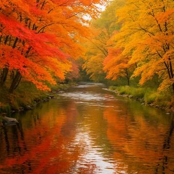 紅葉が映り込む秋の川 紅葉が映り込む秋の川の写真
