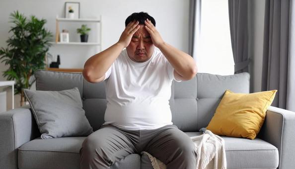 肥満で疲れやすく、額に手をやる男性 肥満で疲れやすく、額に手をやる男性の写真