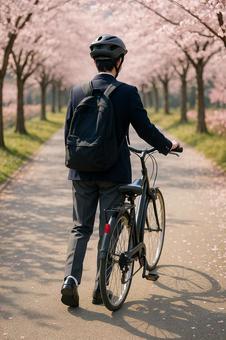 桜道を行く通学生 桜道を行く通学生の写真