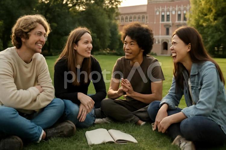 笑い合う学生たち カフェ,勉強,グループの写真素材