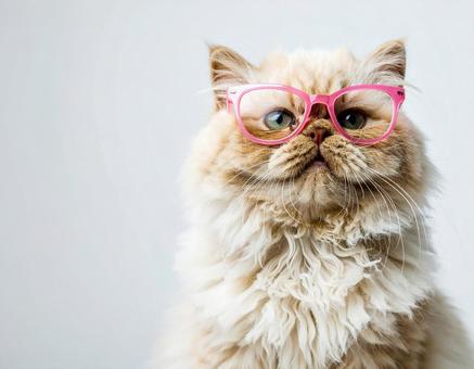 ピンク色のメガネをかけた猫 ピンク色のメガネをかけた猫の写真