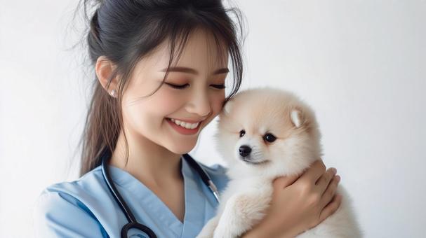 子犬を抱き優しく微笑む女性獣医師 子犬を抱き優しく微笑む女性獣医師の写真