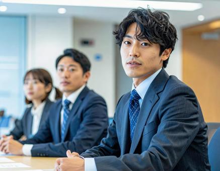 真剣な表情で会議に臨む若手ビジネスマン 真剣な表情で会議に臨む若手ビジネスマンの写真