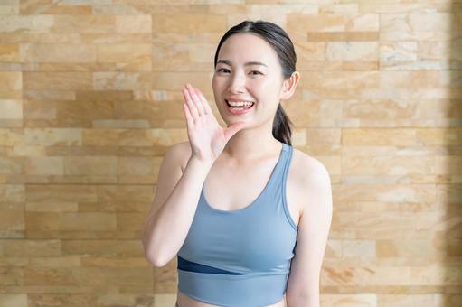 スポーツウェアで呼ぶ女性 ヨガ,フィットネス,ストレッチの写真素材