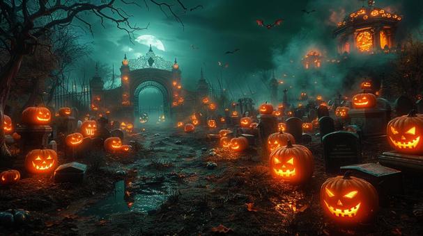 墓地に灯るハロウィンランタン 墓地に灯るハロウィンランタン ジャックオーランタン,カボチャ,墓地の写真素材
