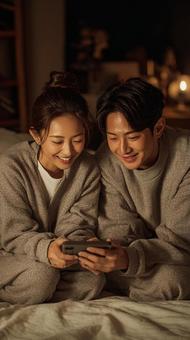 仲良くスマホをのぞき込む二人 仲良くスマホをのぞき込む二人の写真