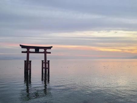 朱の門と黄昏の調べ 鳥居,湖上の鳥居,夕映えの写真素材