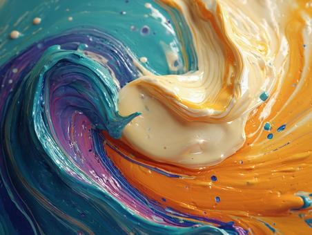 鮮やかな色が混ざり合う流体模様の写真