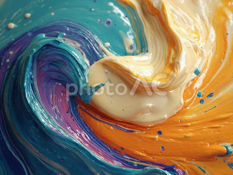 鮮やかな色が混ざり合う流体模様 液体,色,渦の写真素材