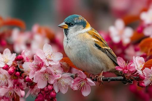 春の訪れを告げる、小鳥と花々 春の訪れを告げる、小鳥と花々の写真