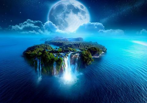 月夜に浮かぶ滝の島の写真