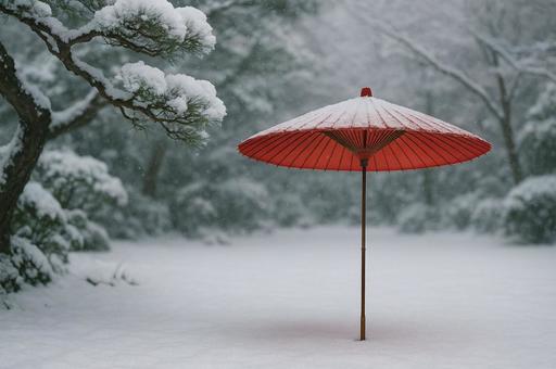 雪の積もった庭に赤い和傘 雪の積もった庭に赤い和傘の写真