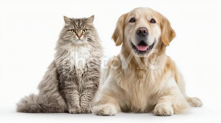 白い背景の前に座る犬と伏せる猫 犬,猫,ゴールデンレトリバーの写真素材