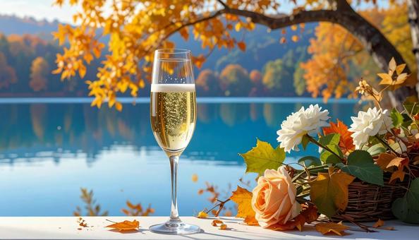 紅葉の湖とシャンパン 紅葉の湖とシャンパンの写真