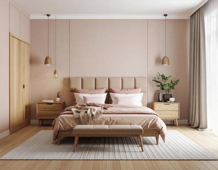 ピンクとベージュを基調としたベッドルーム ピンクとベージュを基調としたベッドルームの写真