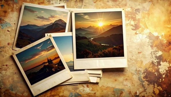 夕焼けの風景と古びたポラロイド写真 夕焼けの風景と古びたポラロイド写真の写真