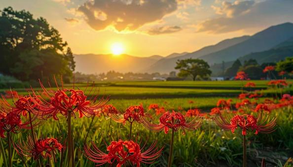 夕日の中の彼岸花の花畑 夕日の中の彼岸花の花畑の写真