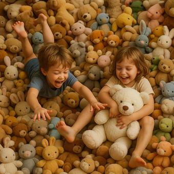 たくさんのぬいぐるみの中で遊ぶ子供 たくさんのぬいぐるみの中で遊ぶ子供の写真