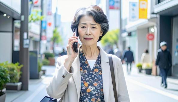 困った表情で電話する高齢者 困った表情で電話する高齢者の写真