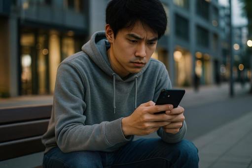スマホの画面を真剣に見つめる若者 スマホの画面を真剣に見つめる若者の写真