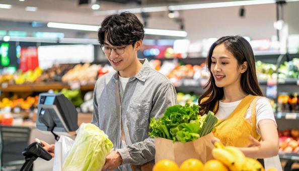スーパーでセルフレジを使う若い日本人夫婦 スーパーでセルフレジを使う若い日本人夫婦の写真