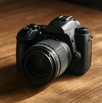 木目のテーブルに置かれた一眼レフカメラ 木目のテーブルに置かれた一眼レフカメラの写真