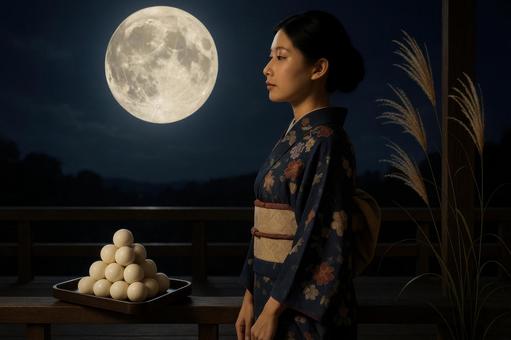 満月に照らされる着物姿の女性 満月に照らされる着物姿の女性の写真