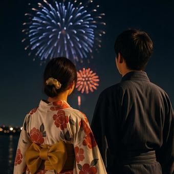 浴衣姿で花火を見るカップル 浴衣姿で花火を見るカップルの写真
