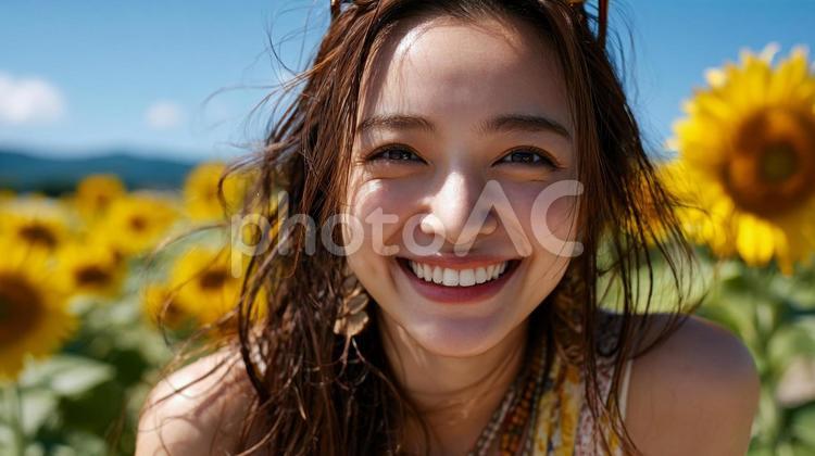 向日葵畑で笑顔を見せる日本人女性 夏,向日葵,女性の写真素材