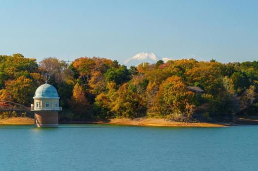 紅葉の多摩湖、取水塔と富士山 多摩湖,取水塔,紅葉の写真素材