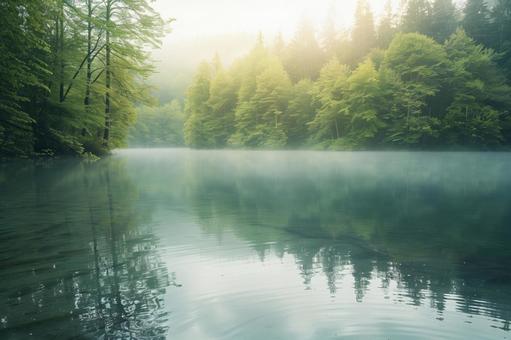 朝霧に包まれた静寂の湖 朝霧に包まれた静寂の湖の写真