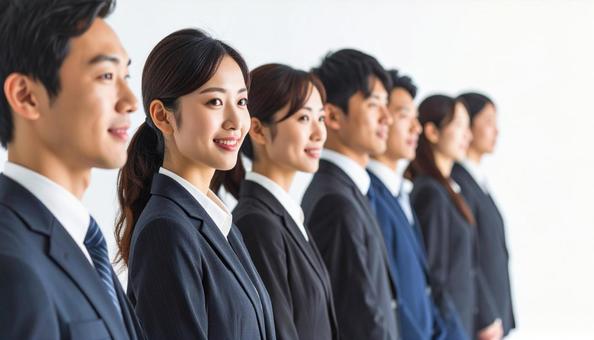 斜めの角度から見た整列する若い会社員 斜めの角度から見た整列する若い会社員の写真