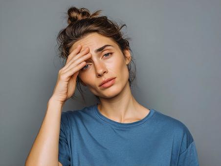 ストレスを感じているように見える女性 ストレスを感じているように見える女性の写真