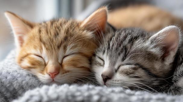 ふわふわ毛布で仲良く眠る子猫たちの写真