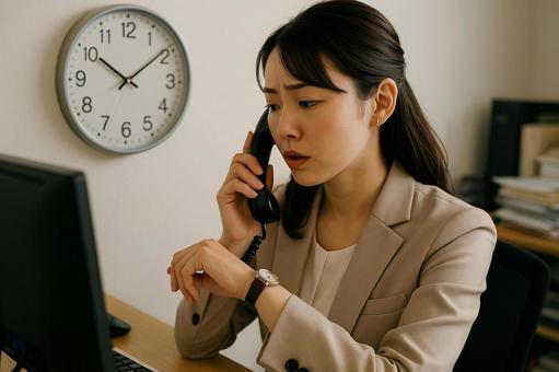 忙しいオフィスで電話対応する女性 忙しいオフィスで電話対応する女性の写真