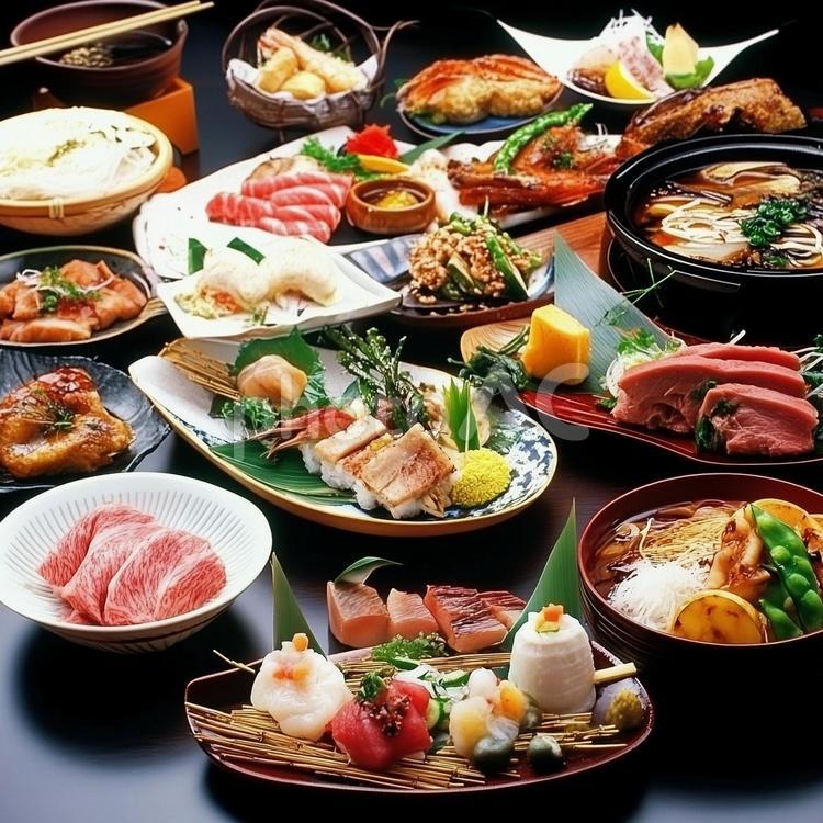 和食イメージ宴会 食べ物,コース料理,和食の写真素材