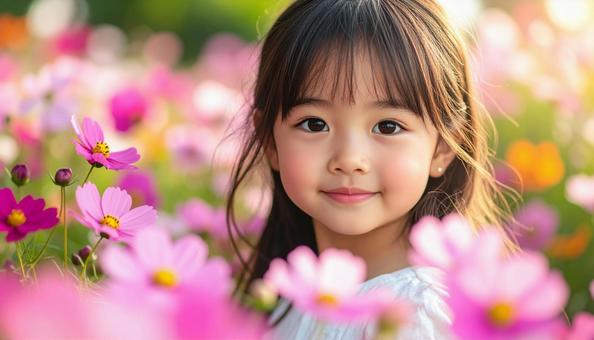 かわいい少女のポートレート コスモスの花 かわいい少女のポートレート コスモスの花の写真