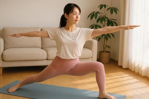家でヨガをする女性の写真