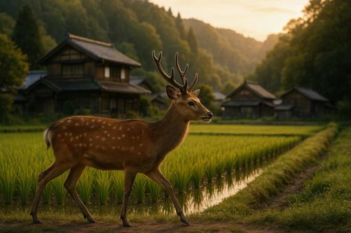 鹿と暮らす里山の風景 鹿と暮らす里山の風景の写真