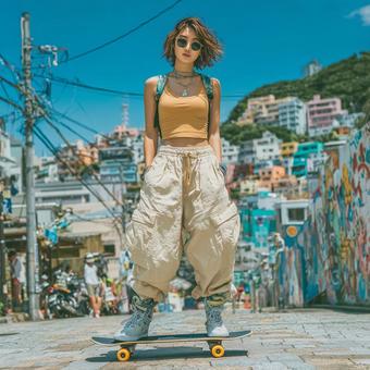 スケートボードを楽しむストリート系女子 スケートボードを楽しむストリート系女子の写真