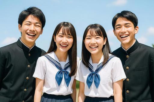 夏空の下で笑顔を見せる制服姿の高校生男女 夏空の下で笑顔を見せる制服姿の高校生男女の写真