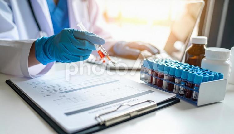 治療薬のイメージ　血液検査の結果の書類 注射器,錠剤,医療の写真素材
